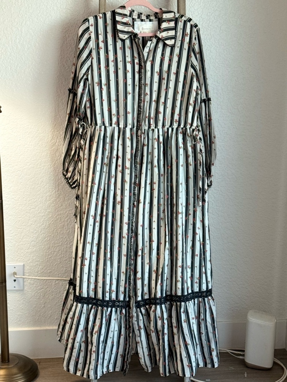 Anthropologie Cream and Black Striped Floral Maxi Shirt Dress - Picture 2 of 9